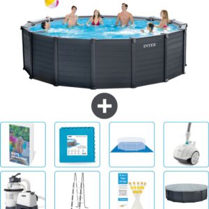 Intex Rond Graphite Gray Panel Zwembad - 478 x 124 cm - Inclusief Pomp - Ladder - Grondzeil - Afdekzeil - Vloertegels - Stofzuiger - 9-delig
