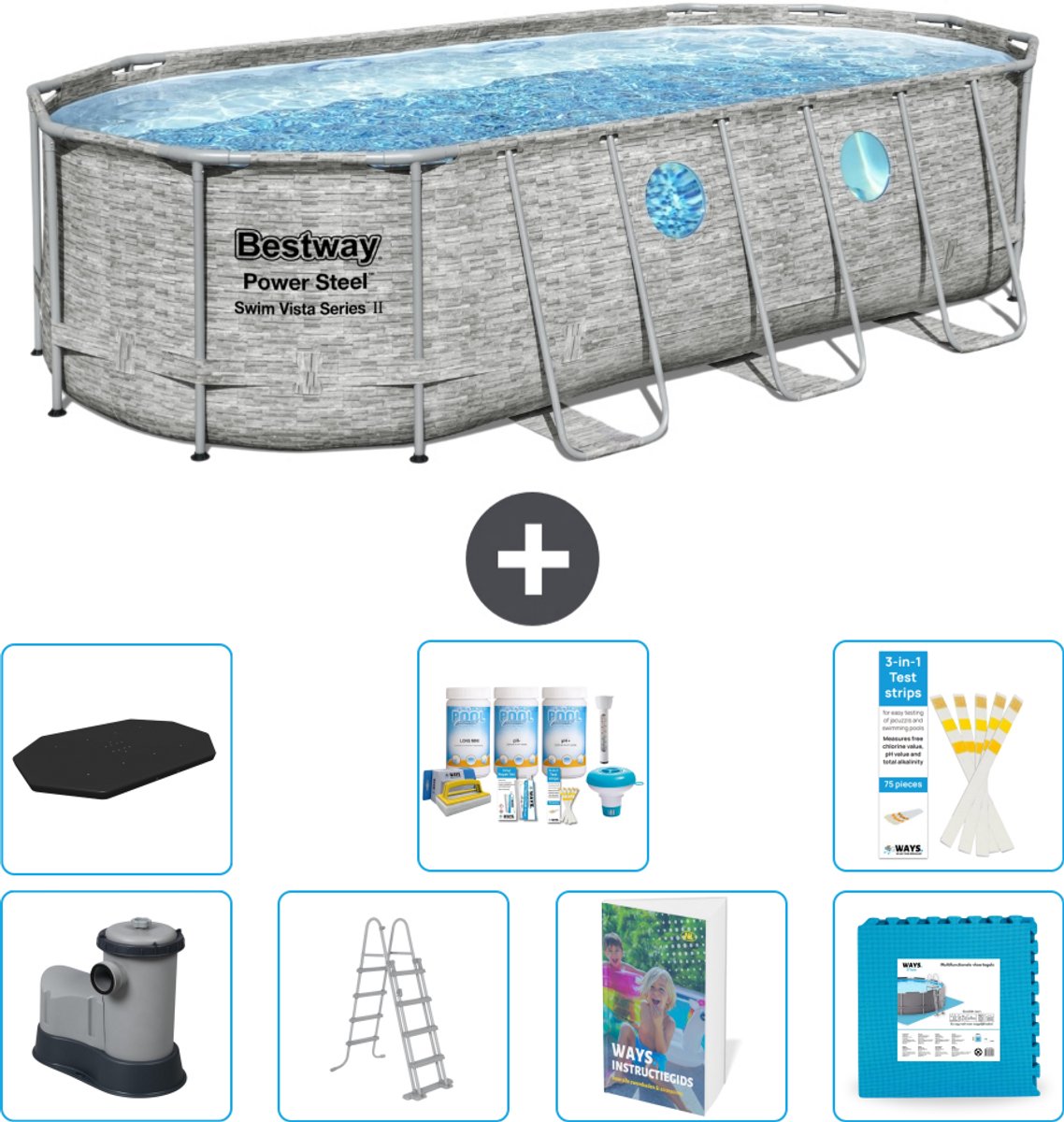 Bestway Ovaal Power Steel Swim Vista Zwembad - Steenprint - 427 x 250 x 100 - Inclusief Pomp - Ladder - Afdekzeil - Onderhoudspakket - Vloertegels - Afbeelding 2