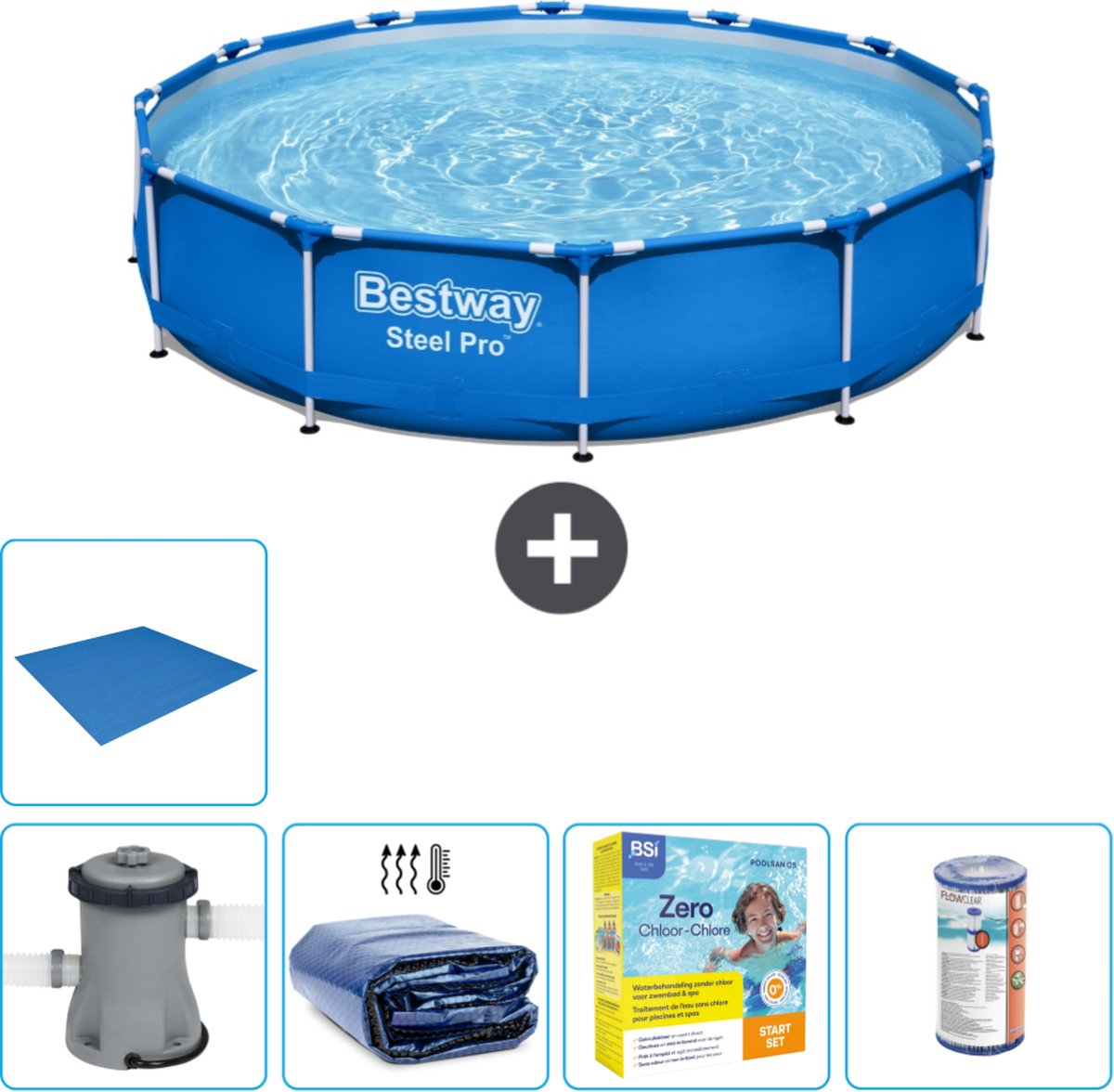 Bestway Rond Steel Pro Zwembad - 396 x 84 cm - Blauw - Inclusief Pomp Solarzeil - Onderhoudspakket - Filter - Grondzeil - Afbeelding 2