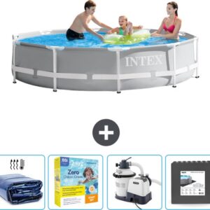 Intex Rond Prism Frame Zwembad - 305 x 76 cm - Grijs - Inclusief Solarzeil - Onderhoudspakket - Zwembadfilterpomp - Vloertegels