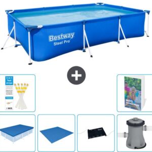 Bestway Rechthoekig Steel Pro Zwembad - 300 x 201 x 66 cm - Blauw - Inclusief Afdekzeil - Grondzeil - Solar Mat - Zwembadfilterpomp - 7-delig