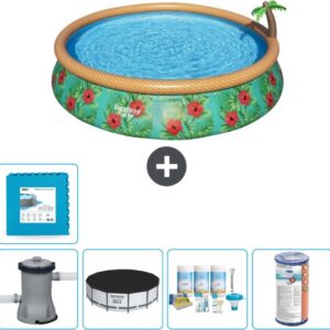 Bestway Rond Opblaasbaar Fast Set Zwembad - Paradijsprint - 457 x 84 cm - Inclusief Pomp Afdekzeil - Onderhoudspakket - Filter - Vloertegels