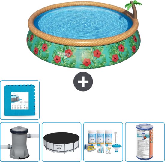 Bestway Rond Opblaasbaar Fast Set Zwembad - Paradijsprint - 457 x 84 cm - Inclusief Pomp Afdekzeil - Onderhoudspakket - Filter - Vloertegels