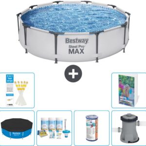 Bestway Rond Steel Pro MAX Zwembad - 305 x 76 cm - Grijs - Inclusief Afdekzeil - Onderhoudspakket - Filter - Zwembadfilterpomp - 7-delig