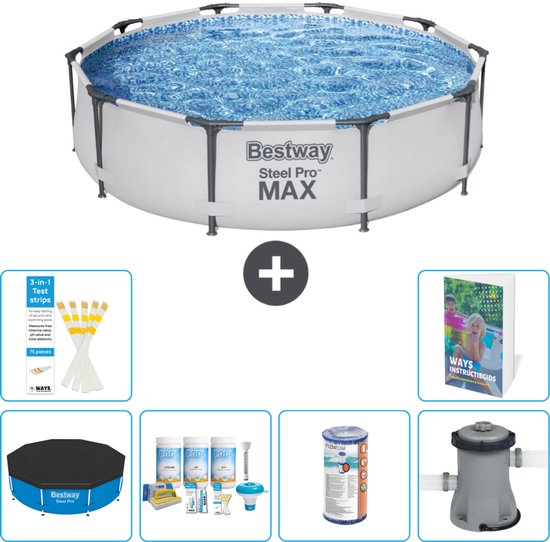 Bestway Rond Steel Pro MAX Zwembad - 305 x 76 cm - Grijs - Inclusief Afdekzeil - Onderhoudspakket - Filter - Zwembadfilterpomp - 7-delig