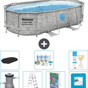 Bestway Ovaal Power Steel Swim Vista Zwembad - Steenprint - 427 x 250 x 100 - Inclusief Pomp - Ladder - Afdekzeil - Onderhoudspakket - Vloertegels