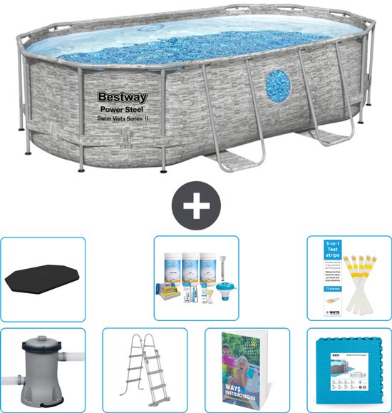Bestway Ovaal Power Steel Swim Vista Zwembad - Steenprint - 427 x 250 x 100 - Inclusief Pomp - Ladder - Afdekzeil - Onderhoudspakket - Vloertegels