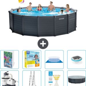 Intex Rond Graphite Gray Panel Zwembad - 478 x 124 cm - Inclusief Pomp - Ladder - Grondzeil - Afdekzeil - Onderhoudspakket - Verlichting - 9-delig