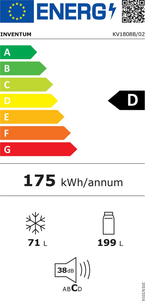 Inventum KV1808B No Frost energiezuinige koel-vriescombinatie - 180 cm hoog - 270 liter - Superkoelen - Supervriezen - Energielabel D - Vrijstaand - Afbeelding 3