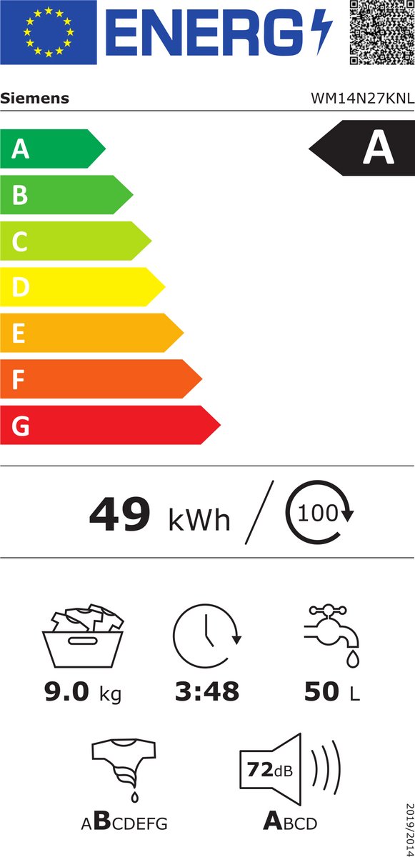 Siemens WM14N27KNL - iQ300 - Wasmachine met stoom - 9 kg - 1400 rpm - Energielabel A - smartFinish: vermindert kreukels tot 50% - Stil -speedPack L: - Afbeelding 2