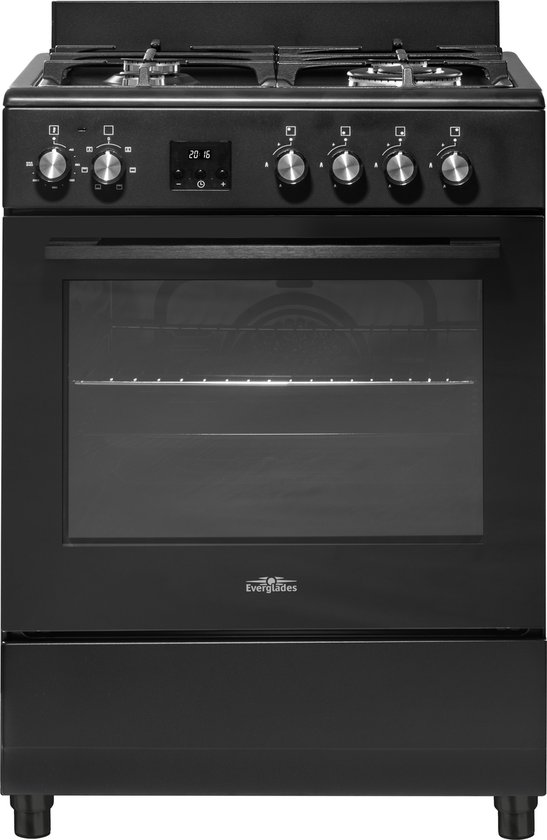 Everglades EVCK6020 - Gasfornuis - Mat Zwart - 60CM - Hoogte 89 - 92CM - Gietijzeren Pannendragers - Wokbrander - Digitale Timer - 8 Ovenstanden