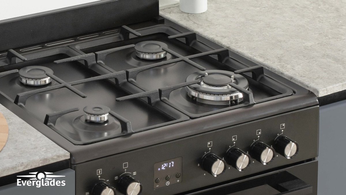 Everglades EVCK6020 - Gasfornuis - Mat Zwart - 60CM - Hoogte 89 - 92CM - Gietijzeren Pannendragers - Wokbrander - Digitale Timer - 8 Ovenstanden - Afbeelding 3