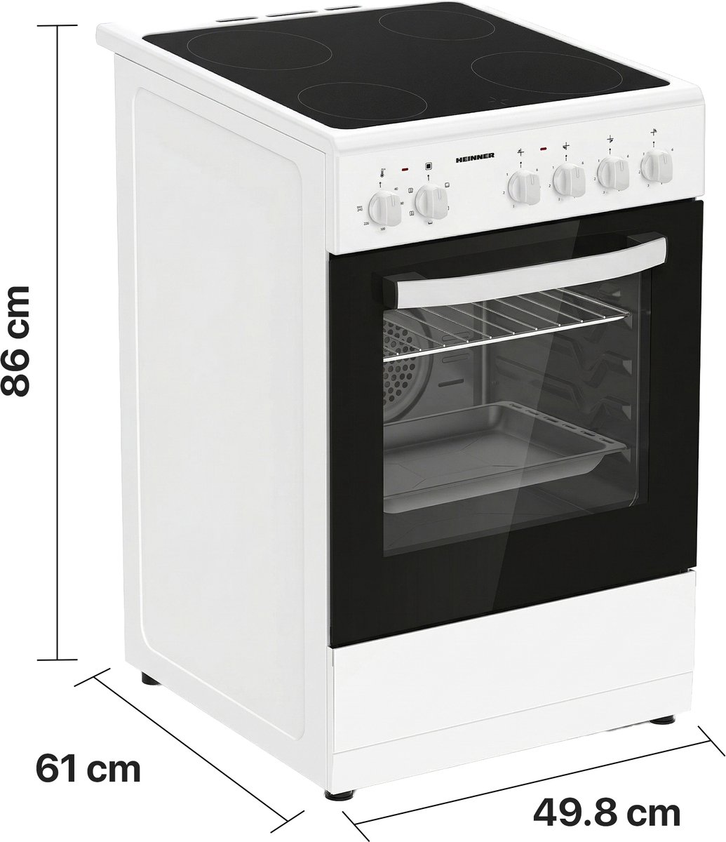 Heinner Vrijstaand Elektrisch Fornuis 50 cm – 4 Kookzones – Keramische Kookplaat – Elektrische Oven met Grill & Ventilatie – Energieklasse A - Afbeelding 3