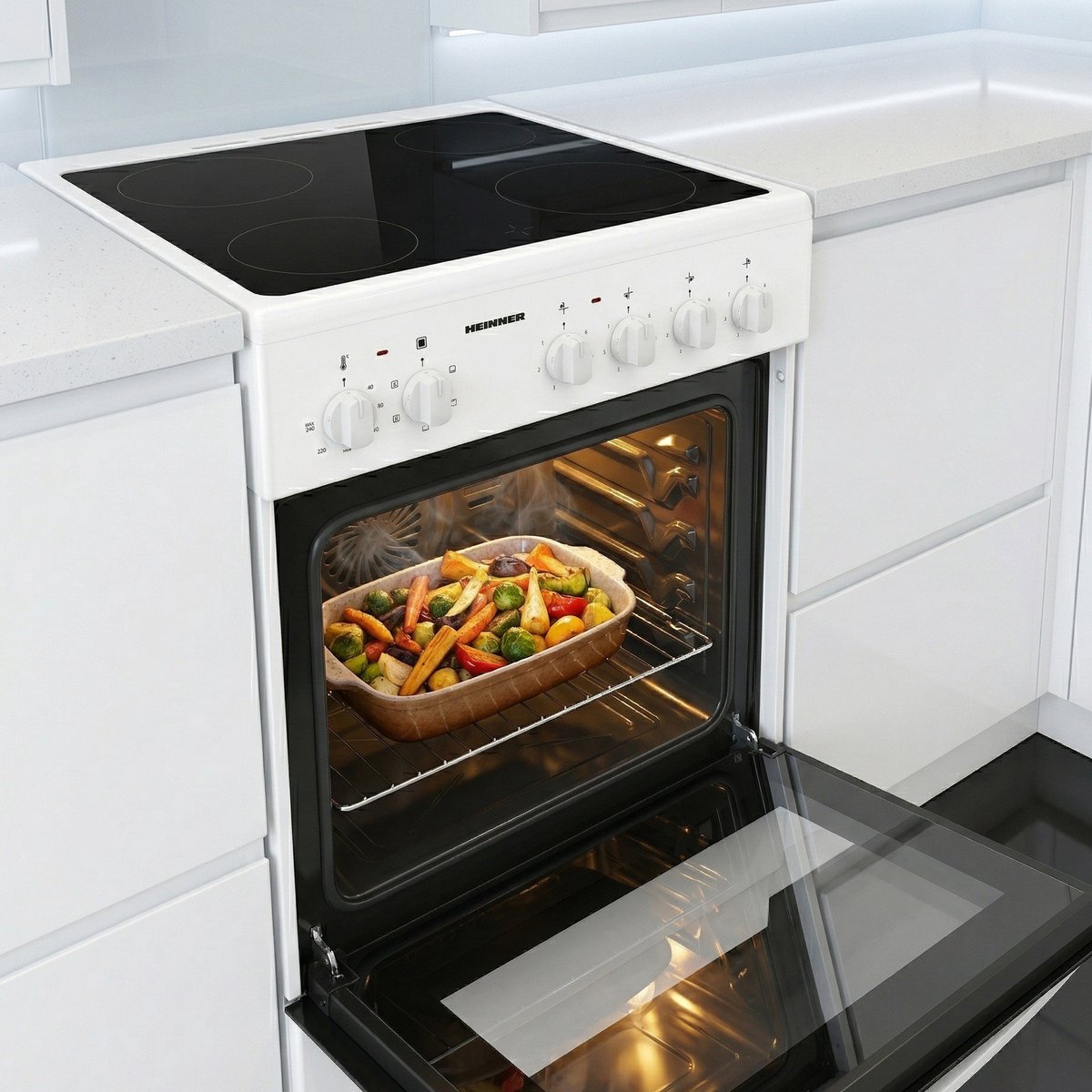 Heinner Vrijstaand Elektrisch Fornuis 50 cm – 4 Kookzones – Keramische Kookplaat – Elektrische Oven met Grill & Ventilatie – Energieklasse A - Afbeelding 4