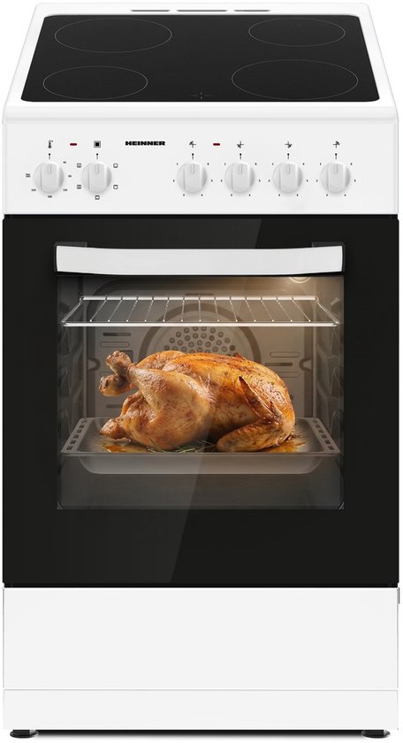 Heinner Vrijstaand Elektrisch Fornuis 50 cm – 4 Kookzones – Keramische Kookplaat – Elektrische Oven met Grill & Ventilatie – Energieklasse A