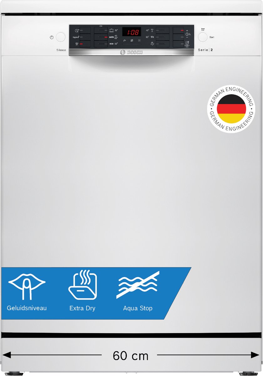 Bosch SMS26AI01F - Serie 2 - Vaatwasser - Vrijstaande vaatwasser - 60 cm - Geborsteld staal -Extra Droog: optie voor extra grondige droogresultaten - Afbeelding 2