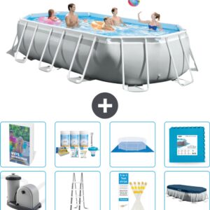 Intex Ovaal Prism Frame Zwembad - 503 x 274 x 122 cm - Grijs - Inclusief Pomp - Ladder - Grondzeil - Afdekzeil - Onderhoudspakket - Vloertegels - 9
