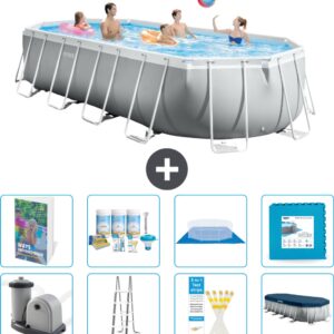 Intex Ovaal Prism Frame Zwembad - 610 x 305 x 122 cm - Grijs - Inclusief Pomp - Ladder - Grondzeil - Afdekzeil - Onderhoudspakket - Vloertegels - 9