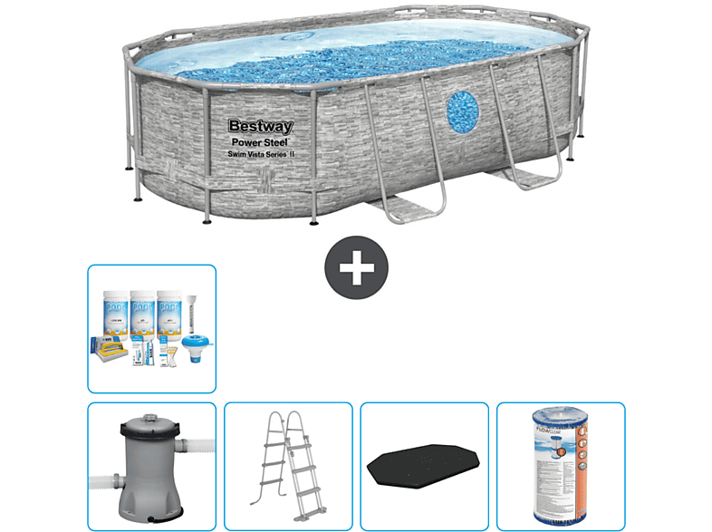 BESTWAY Ovaal Power Steel Swim Vista Zwembad - Steenprint - 427 x 250 x 100 - Inclusief Accessoires CB29 Opzetzwembad