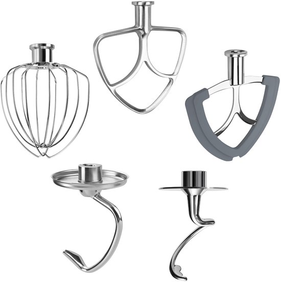 5-Delige Accessoireset voor KitchenAid 4.3, 4.7/4.8L Tilt-Head Stand Mixers Artisan & Classic Series van MMOBIEL - K45 6-Draads Garde, Platte