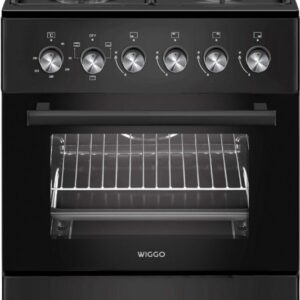 Wiggo WO‑E603A(BB) – Vrijstaand gasfornuis – 60 cm – 4 kookzones – 56L elektrische oven – Zwart – Elektrische vonkontsteking & vlambeveiliging