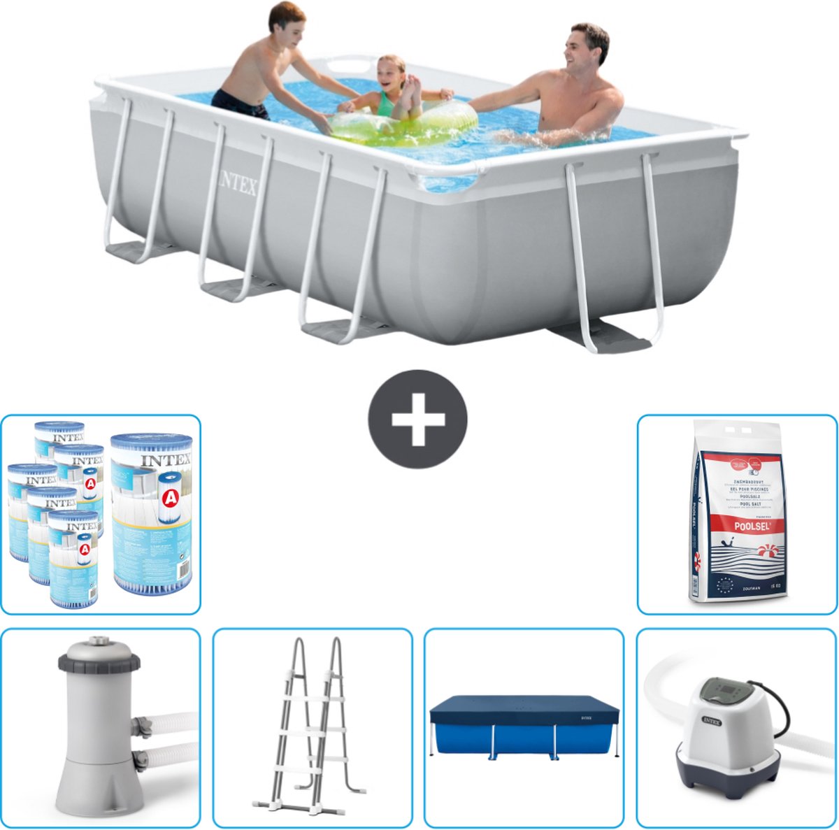 Intex Rechthoekig Prism Frame Zwembad - 300 x 175 x 80 cm - Grijs - Inclusief Pomp - Ladder Afdekzeil - Zoutwatersysteem - Filters - Zwembadzout